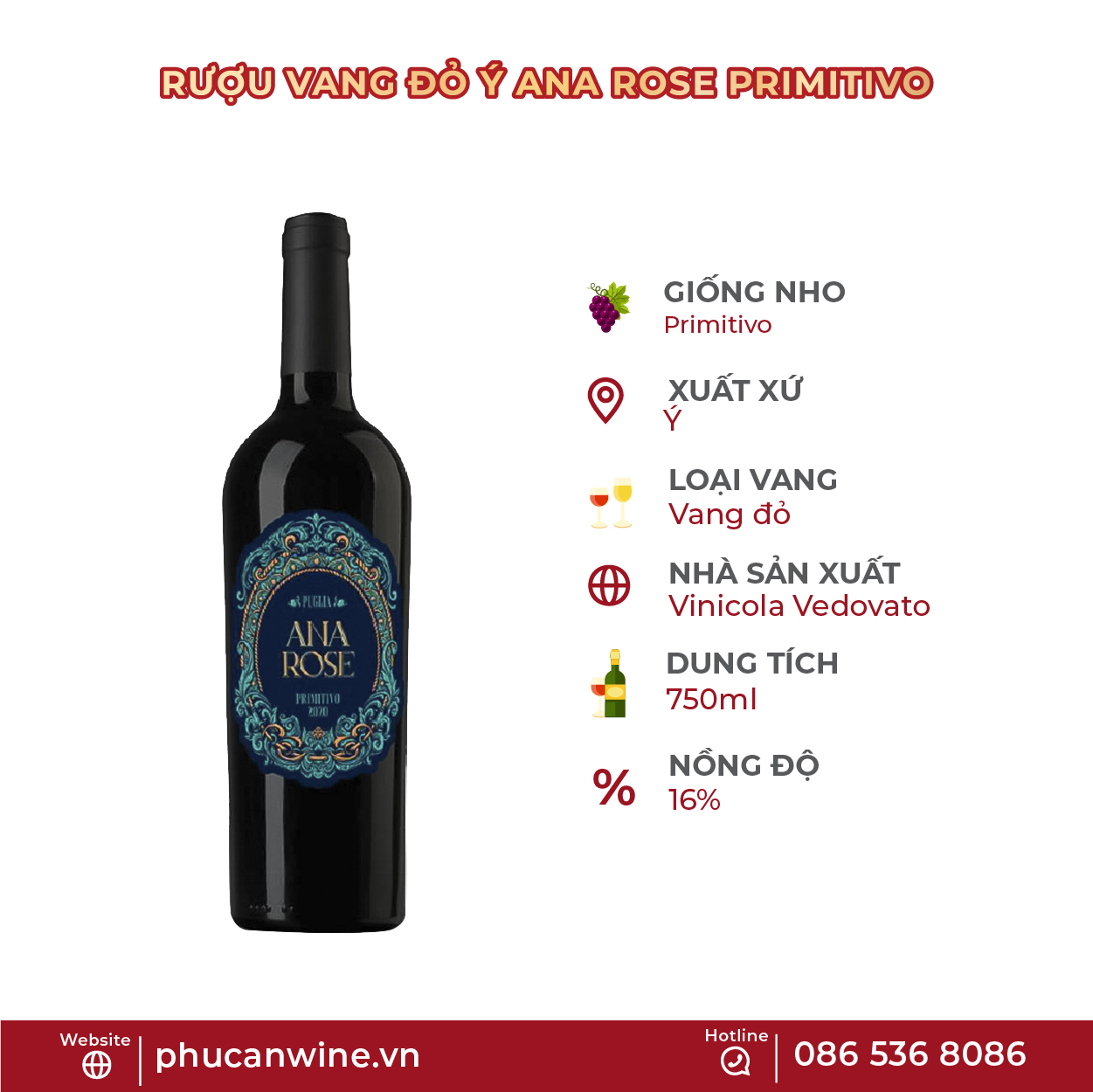 Rượu Vang Đỏ Ý Ana Rose Primitivo