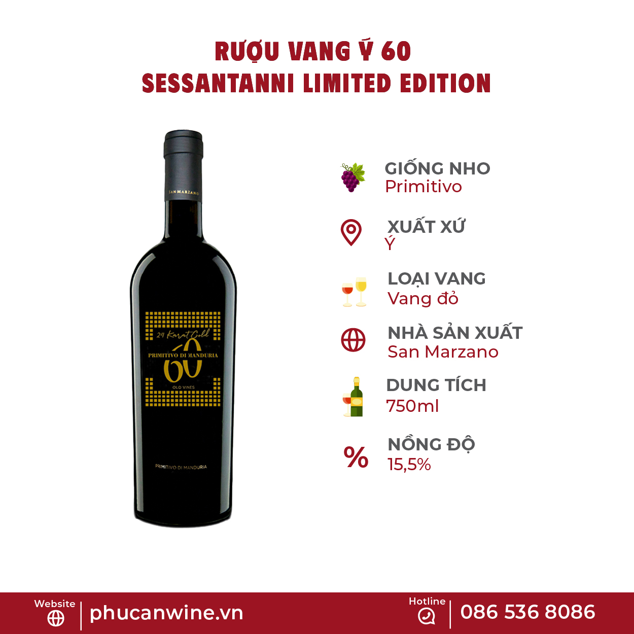 Rượu Vang Ý 60 Sessantanni Limited 24K Gold