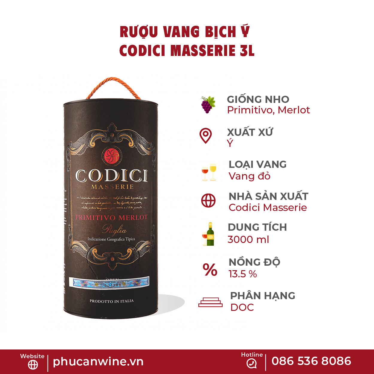 Rượu vang bịch Ý Codici Masserie Primitivo Merlot